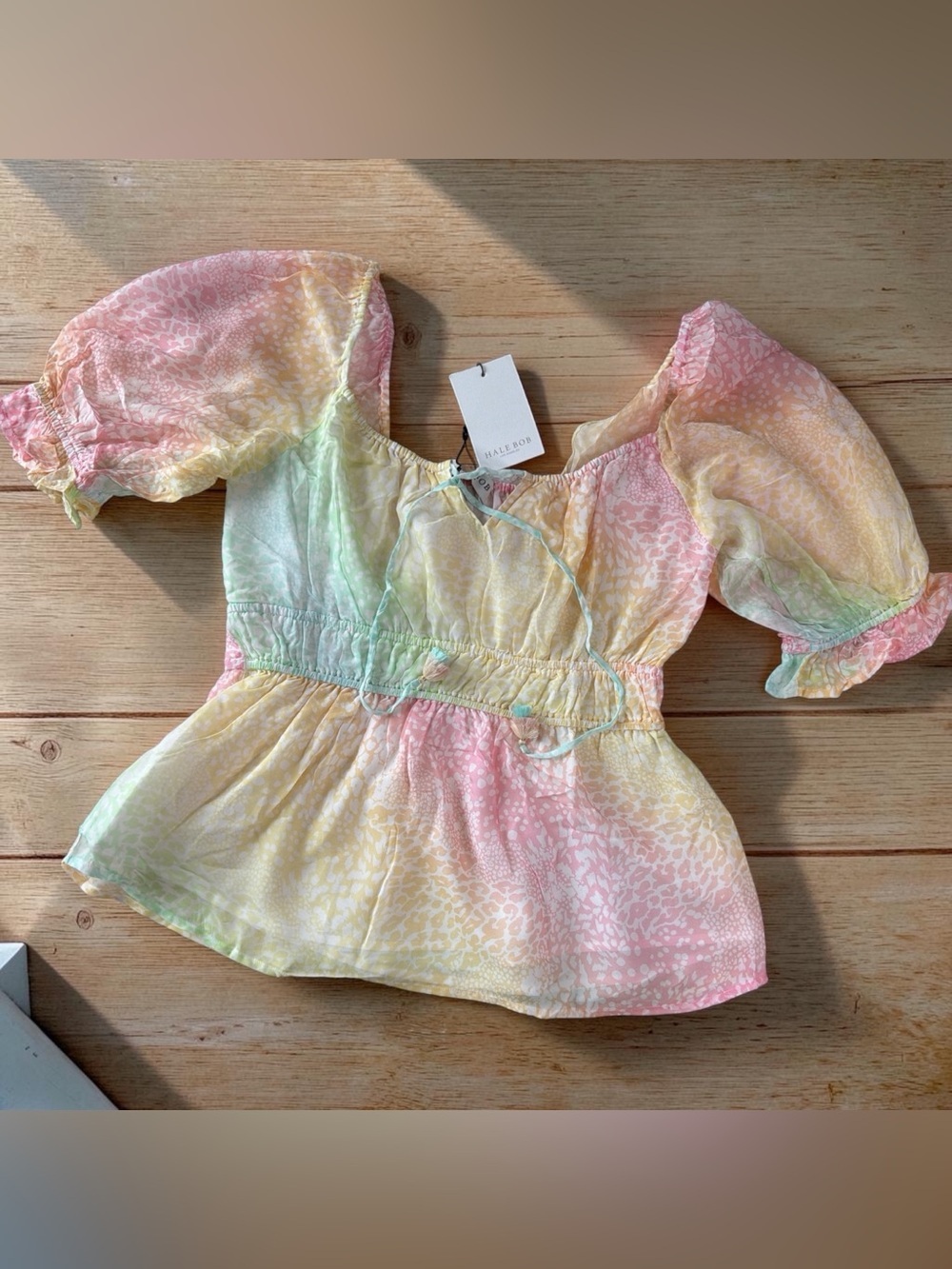 Hale Bob Pastel Tie-Dye Puff Sleeve Peplum Top - Pink, Yellow, Green
